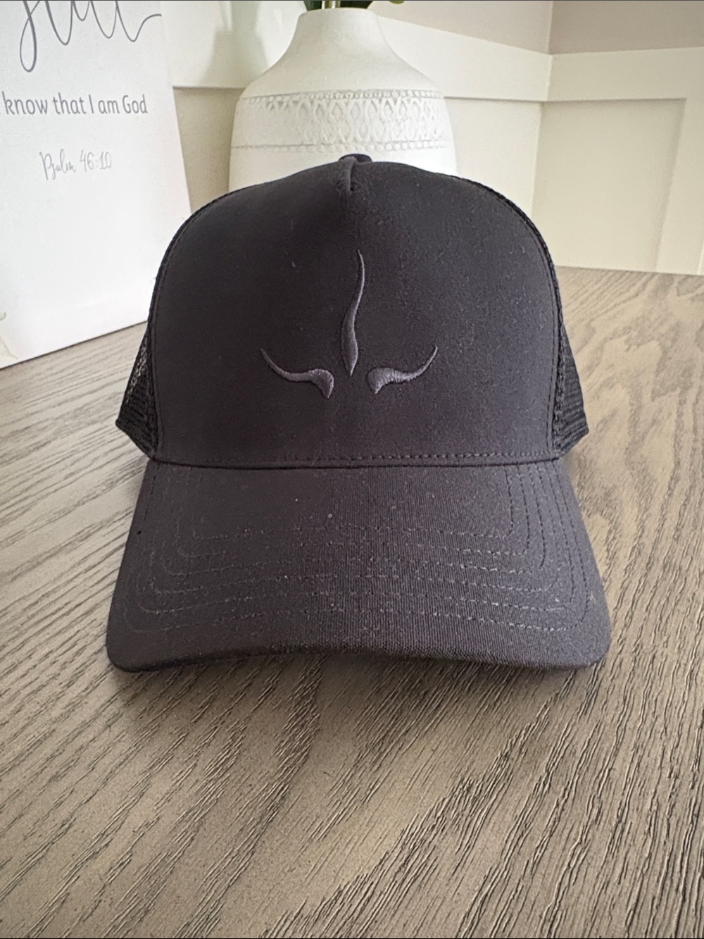 Unisex Black MeshTrucker Hat - prAna desert road. blackout prAna horns.